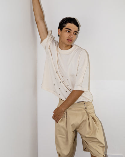 Pantalón botones doble pinza Beige